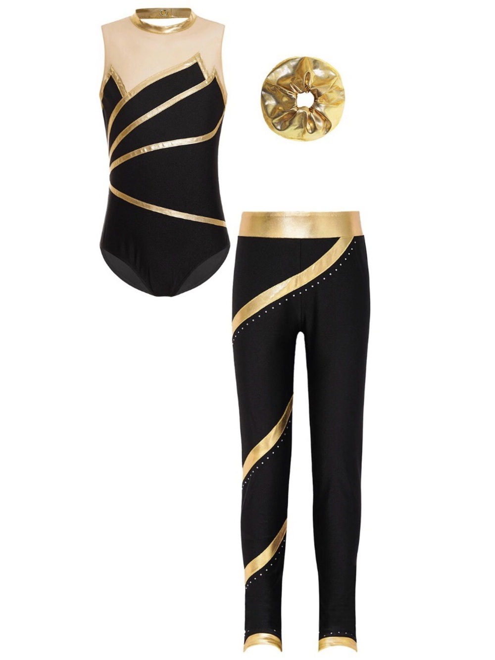Kids Girls Dancewear Bodysuit Outfits Gymnastics Set Sheer Keyhole Back Figure